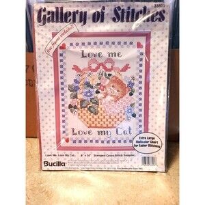 VTG Bucilla Love Cat 8" X 10" Counted Cross Stitch Sampler Kit W/floss & frame